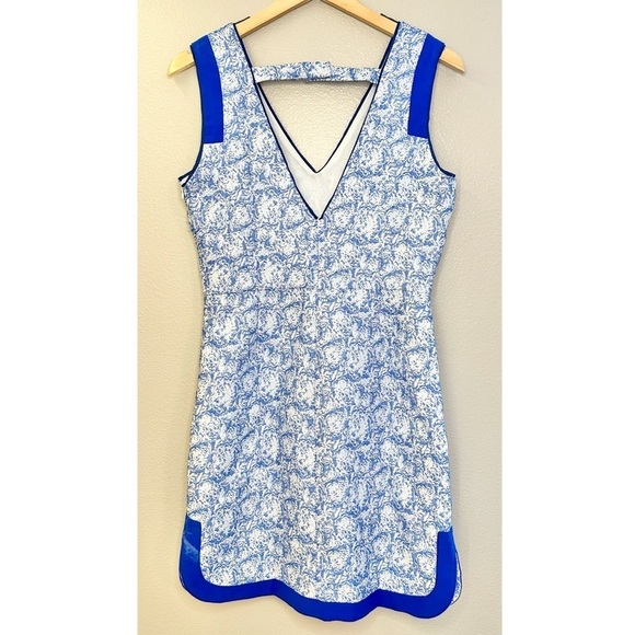 NWT Lucy Paris V Neck Velvet Trimmed Blue Printed Dress - Picture 2 of 8